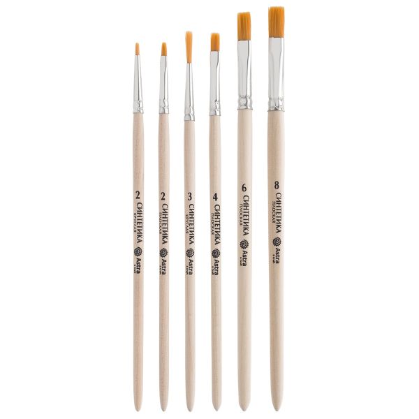 Набор кистей №8, синтетика (плоская №2, 4, 6, 8, круглая №3, круглая №2 ук./в 0.5), 6 штук, Astra&Craft