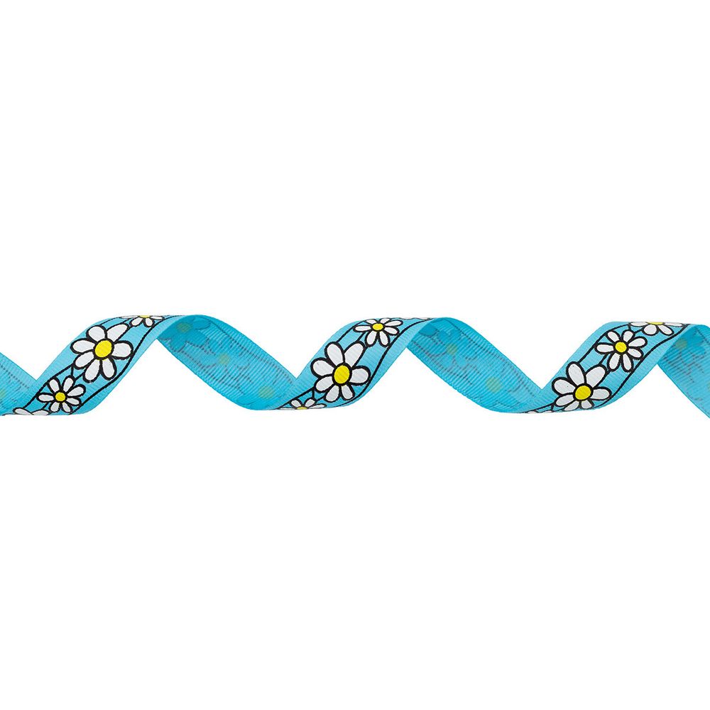 Лента репсовая (в рубчик) Ромашки 1,5см*22.86 м (голубой)