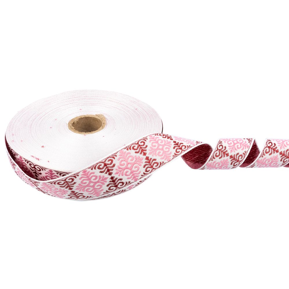 Лента (тесьма) жаккардовая 32.0 мм / 25 метров, Орнамент для северных народов, рис 9788 белый-бордовый-розовый, Gamma С3774