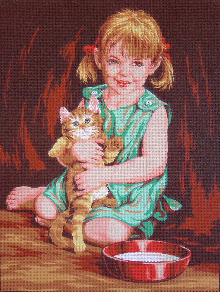 Рисунок для вышивания Soulos (канва жесткая), &quot;Девочка с котенком&quot;, 45х60 см
