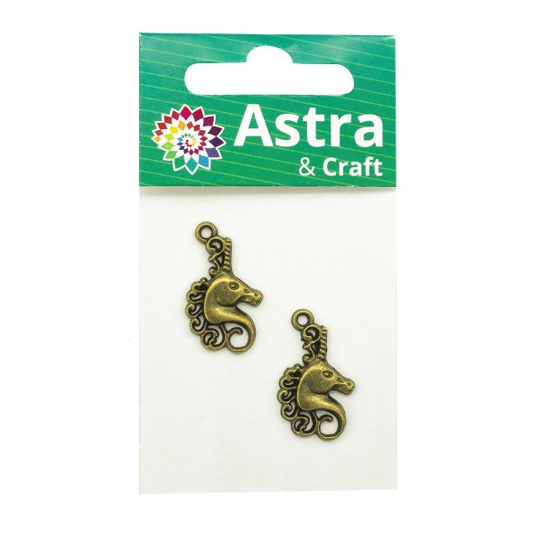 Подвеска металлическая голова единорога, 15х24 мм, 2 шт в упак, Astra&Craft, латунь