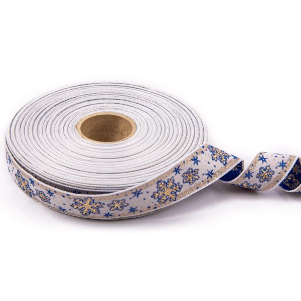 Лента (тесьма) жаккардовая 23.0 мм мм / 25±1 метров, рис. 8887В, лента, Снежинка, белый/синий/золото, Blitz С1857 рис. 8887В