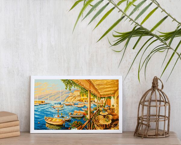 Алмазная (кристальная) мозаика Фрея, Кафе у причала, 50х30 см