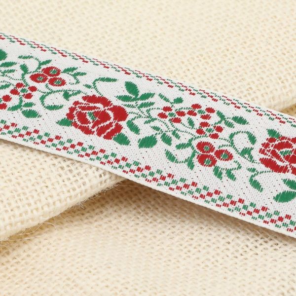 Лента (тесьма) жаккардовая 50.0 мм / 25±1 метров, рис.9600 Розы, (1 белый/красный/зеленый) С3379Г17