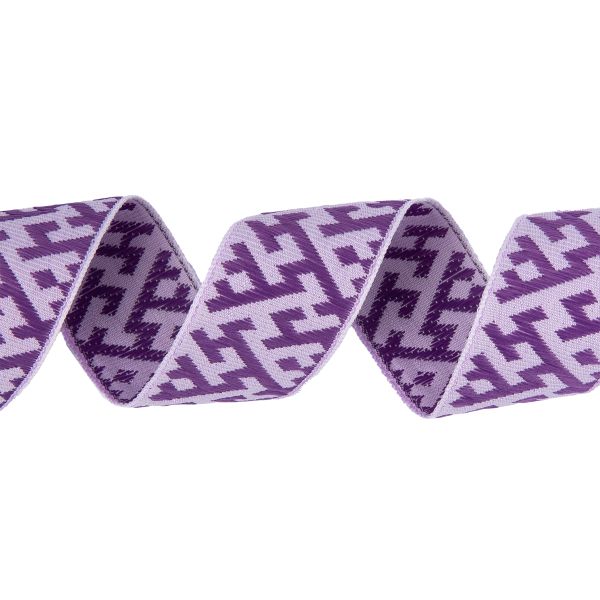 Лента (тесьма) жаккардовая 32.0 мм / 25 метров, Орнамент для северных народов, рис 9302 белый-сиреневый-фиолетовый, Gamma С3774