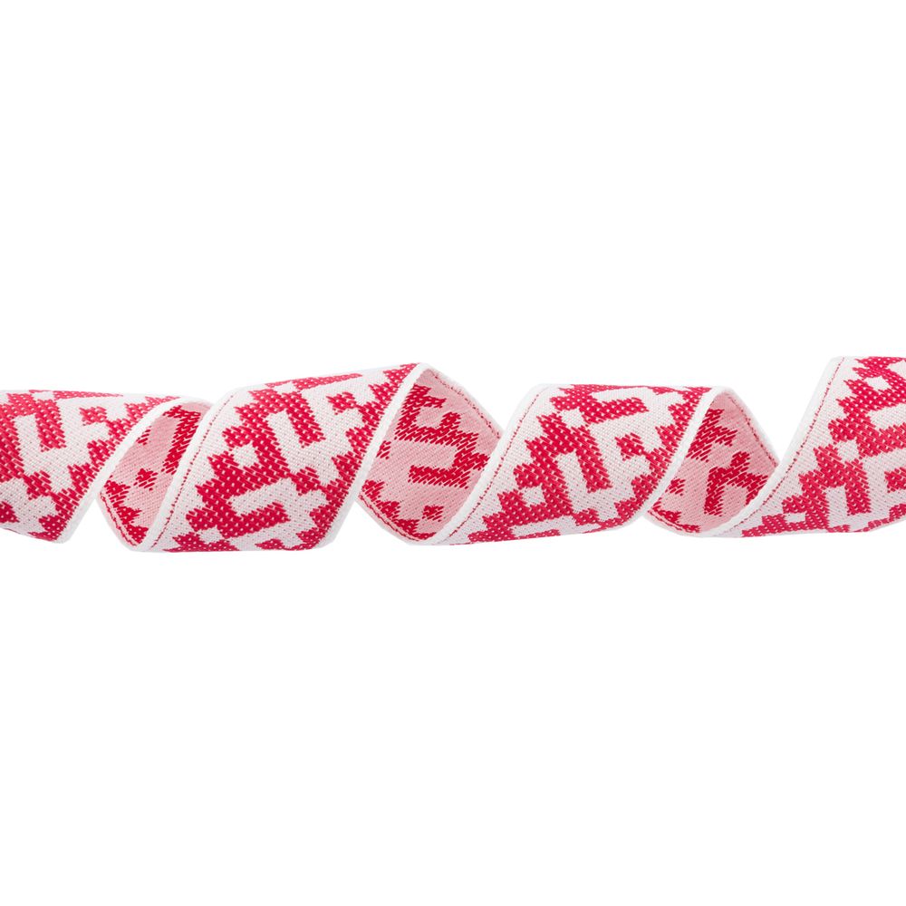 Лента (тесьма) жаккардовая 24.0 мм / 25 метров, Орнамент для северных народов, рис 9674 белый/малиновый, Gamma С3772