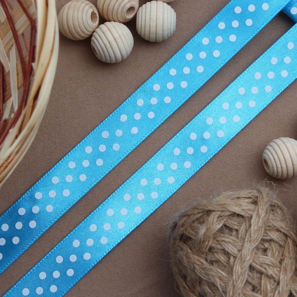 Лента атласная в горошек 15.0 мм / 3 метра, голубой, Globus