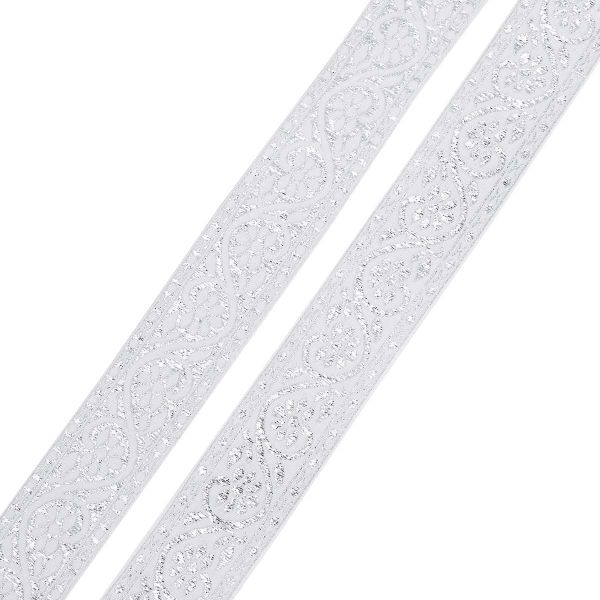 Лента (тесьма) жаккардовая 32.0 мм / 25±1 метров, с метанитом рис. 9819, белый/серебро, С3104Г17