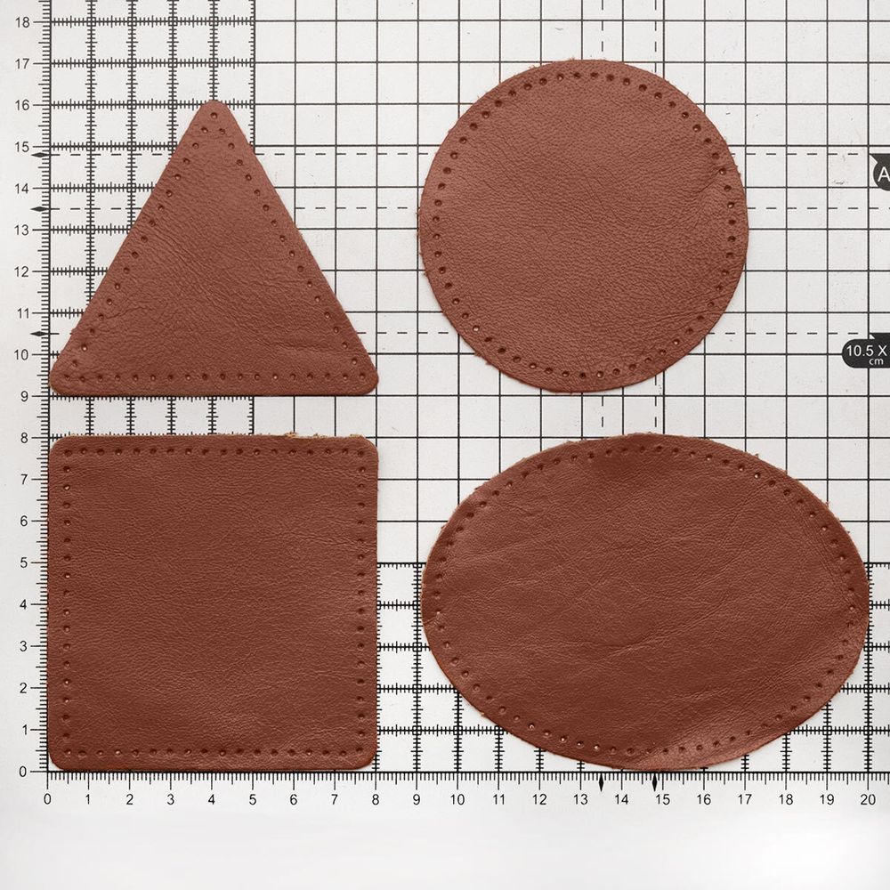 Набор заплаток пришивных из кожи, круг, квадрат, треугольник, овал 8см, с перфорацией, 4 шт (02 светло-коричневый), 9743