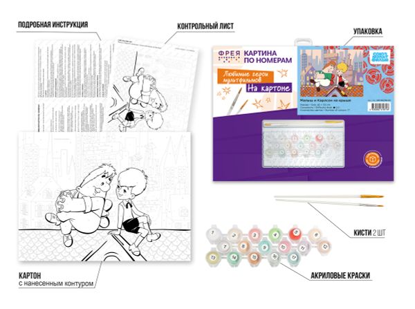 Картина по номерам Фрея, Союзмультфильм. Малыш и Карлсон на крыше, на картоне, 40х30 см