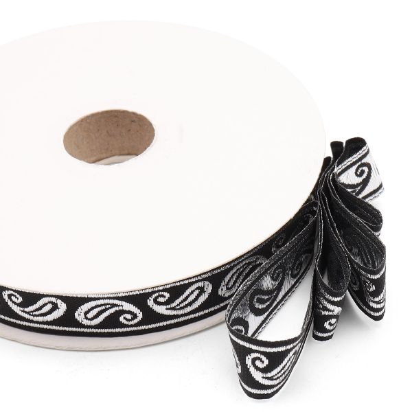 Тесьма декоративная металлизированная Пейсли 15 мм / 25 метров, 15006 черный/серебро