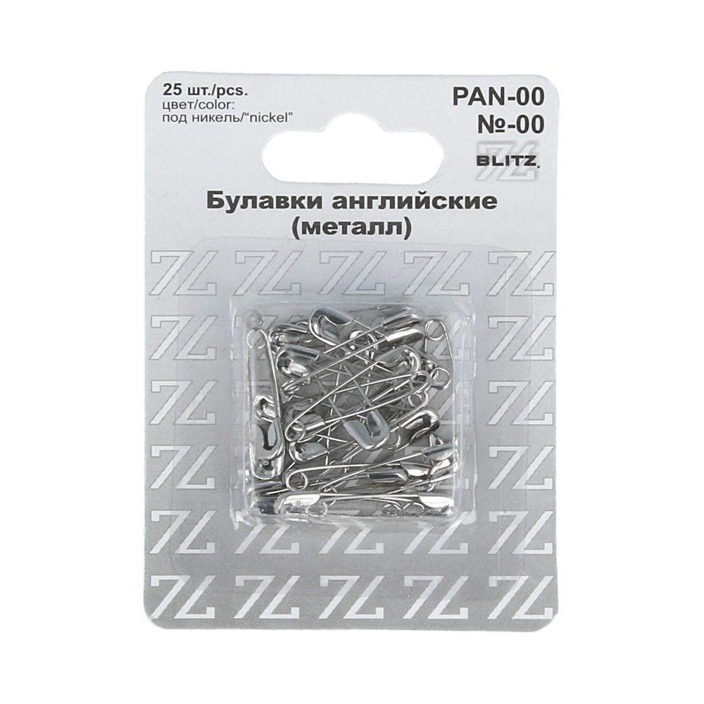 Булавки английские 22 мм, №00, 25 шт, железо, никель, Blitz PAN-00