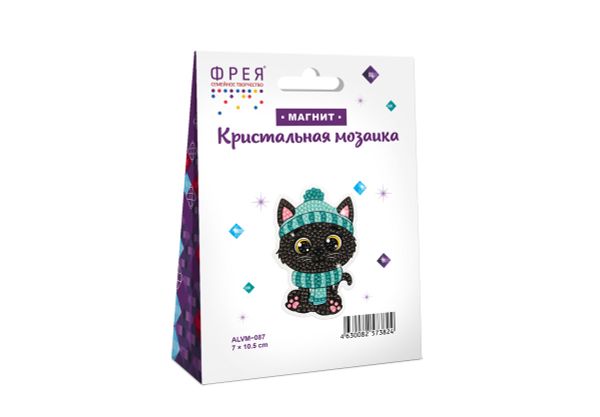 Алмазная (кристальная) мозаика Фрея ALVM-087, магнит Котик в шапке, 7х10.5 см