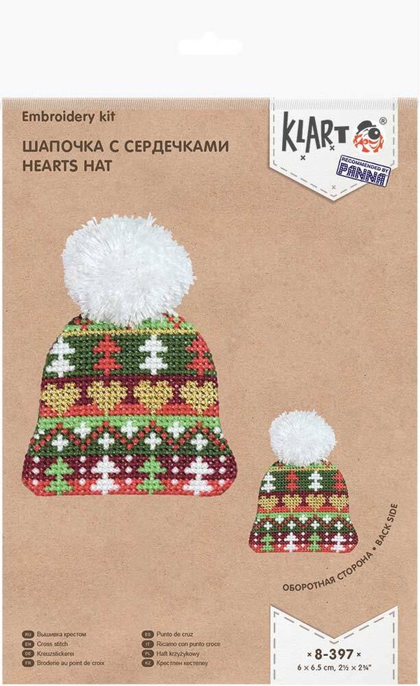 Набор для вышивания нитками Klart, Шапочка с сердечками, 6х6,5 см