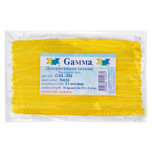 Тесьма декоративная Gamma Самбоса GSL-201 13 мм, 33 м, 020 желтый