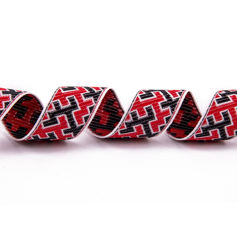 Лента (тесьма) жаккардовая 24.0 мм / 25±1 метров, рис.9615, Орнаменты и узоры народов севера, белый-красный-черный, Gamma С3772Г17 рис.9615