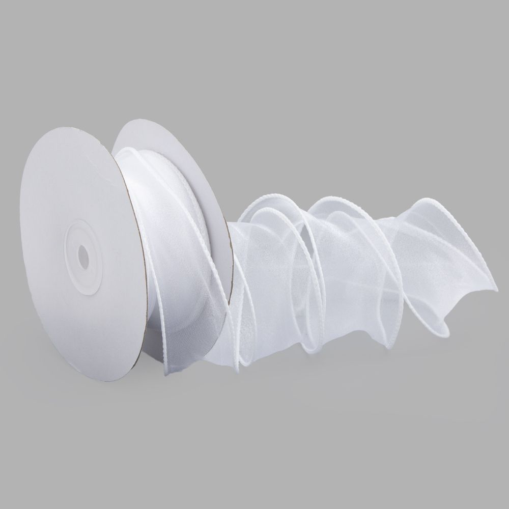 Лента декоративная с волнистым краем 38.0 мм / 18.29±1 метров, 100% органза, (08 белый)