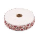 Лента (тесьма) жаккардовая 32.0 мм / 25±1 метров, с метанитом Яблоневый цвет, рис. 9565 белый / золотой / красный, С3104Г17