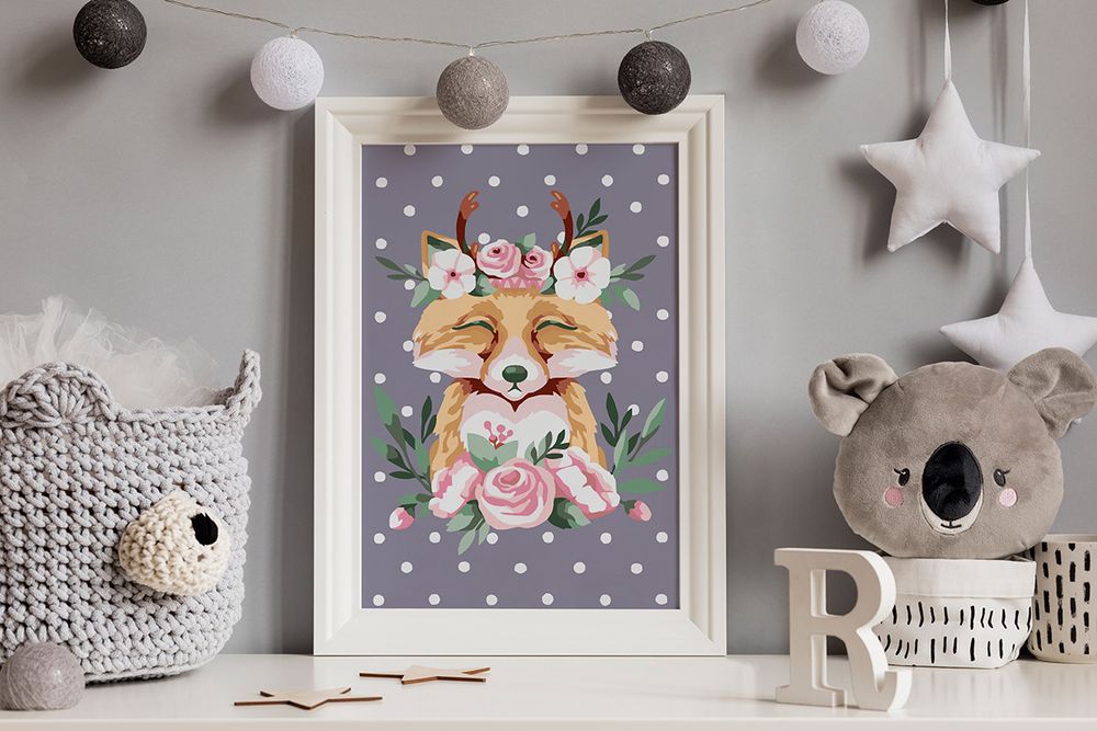 Картина по номерам Фрея, на картоне Лисичка в цветах, 20х30 см