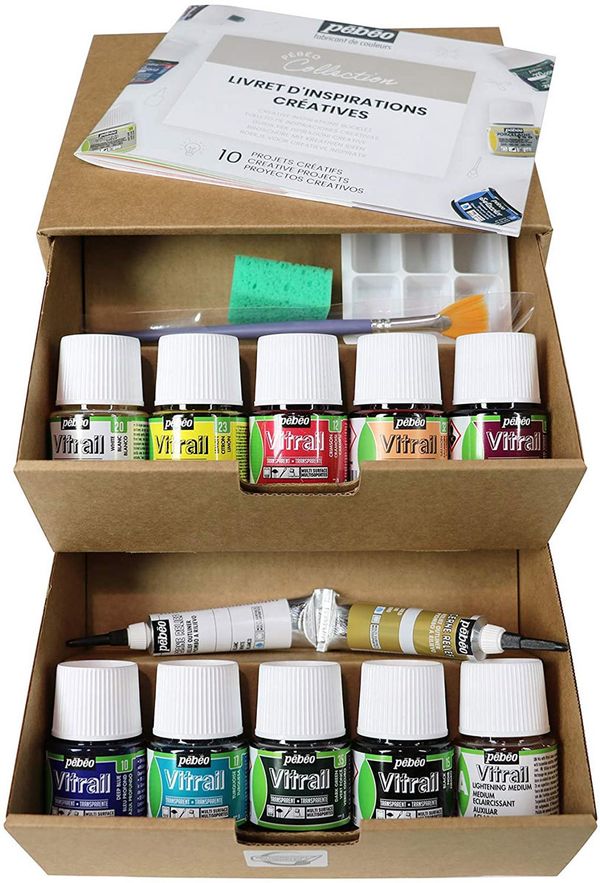 Набор красок Pebeo Vitrail Коллекция по стеклу и металлу с аксессуарами 10 цв. 45 мл