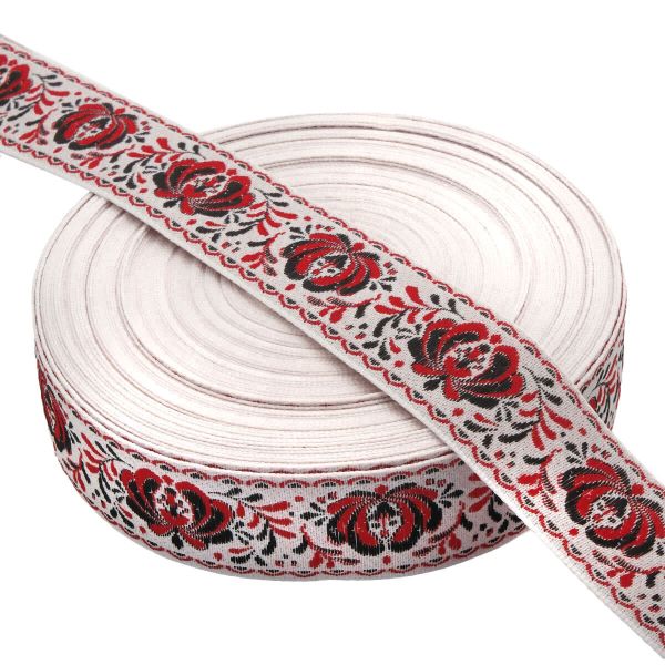 Лента (тесьма) жаккардовая 32.0 мм / 25±1 метров, рис. 9581 Гжель, (2 белый/красный/черный) С1853Г17
