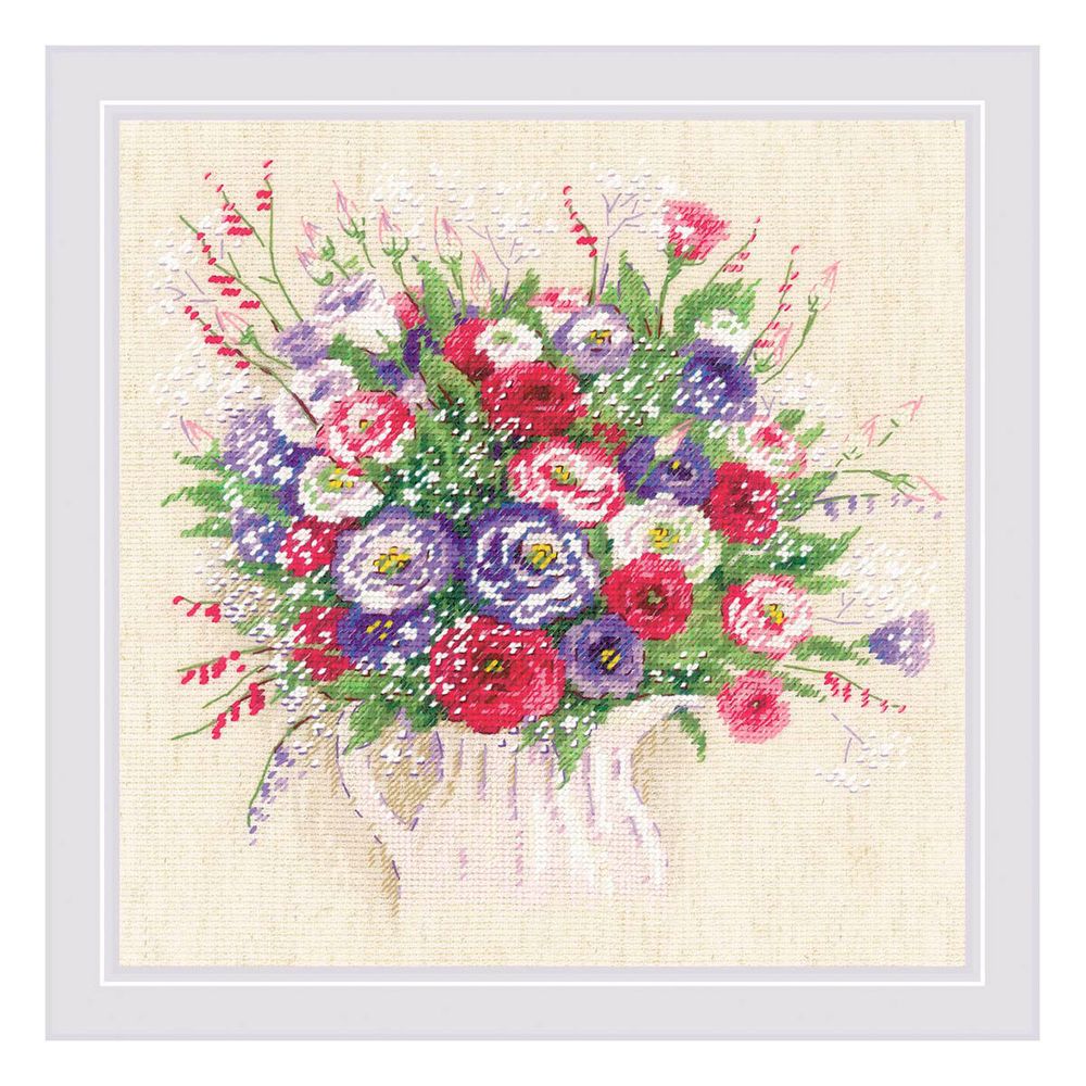 Набор для вышивания нитками Риолис, Букет с эустомой и гипсофилой 25х25см