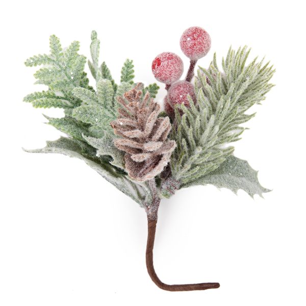 Веточка декоративная заснеженная с ягодами и шишкой, 6 шт, 16 см, Blumentag VDD-129