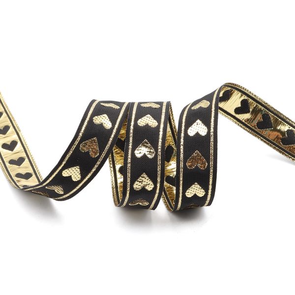 Тесьма декоративная металлизированная Сердечки 15 мм / 25 метров, 15005 черный/золото