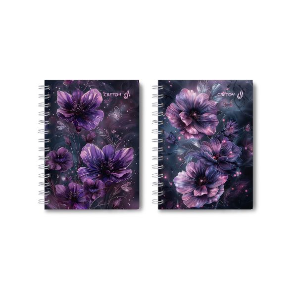 Записная книжка с твердым переплетом, глянцевая ламинация, на гребне A6 120 л. 4 шт клетка, Сиреневый цветок 01598, ЗК226 Светоч