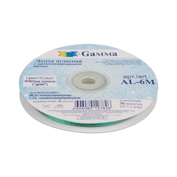 Лента атласная 2-сторонняя с метанитью 6.0 мм / 33±2 метра, №016 зелёный/золото, Gamma AL-6M