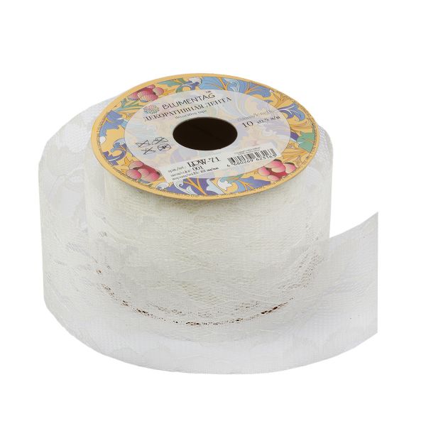 Лента декоративная 62 мм / 10±1 метров, 001 белый/кружево, Blumentag LRW-71