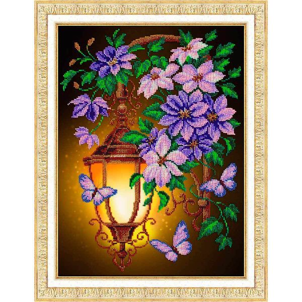Набор для вышивания бисером Паутинка, Фонарик и клематисы 28х38см