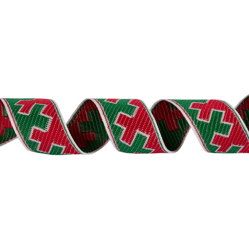 Лента (тесьма) жаккардовая 24.0 мм / 25±1 метров, рис.9591, Орнаменты и узоры народов севера, белый-красный-зеленый, Gamma С3772Г17 рис.9591