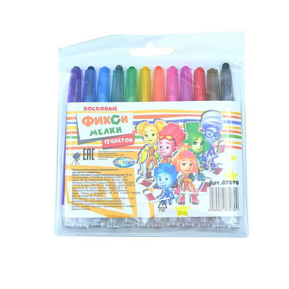 Мелки восковые выкручивающиеся,12 цветов Фиксики, 87070