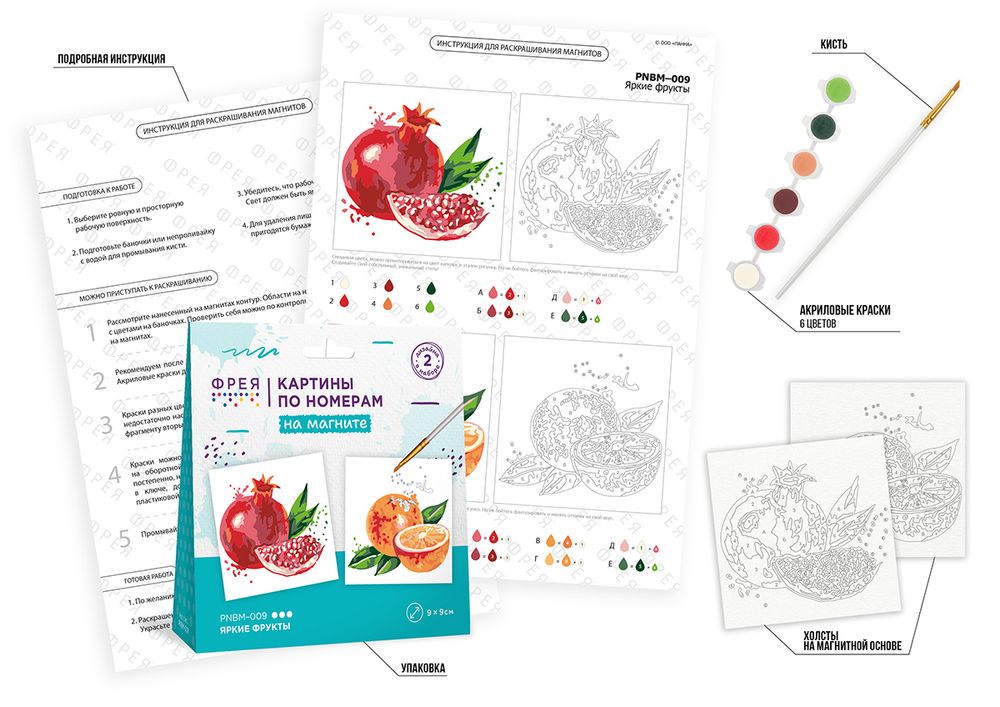 Картина по номерам Фрея PNBM-009, Яркие фрукты, (на магните) 9х9 см