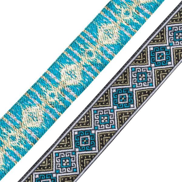 Лента (тесьма) жаккардовая 35.0 мм / 7 метров, золото/бирюза, 4101-1