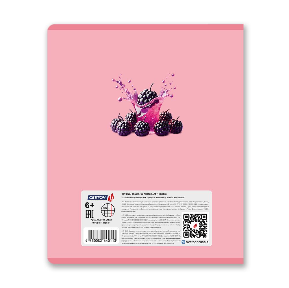 Тетрадь ученическая общая, выборочный лак, A5 96 л. на скобе 65 г/м², белизна 100% 5 шт клетка, 01532 Ягодный взрыв, Светоч Т80