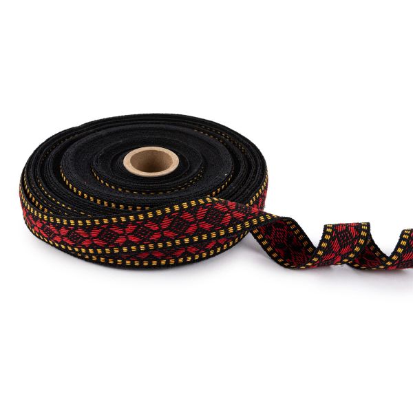 Лента (тесьма) жаккардовая 24.0 мм / 25±1 метров, Орнамент для северных народов, рис 9867 №5 черн/красн/желтый, Gamma C3885