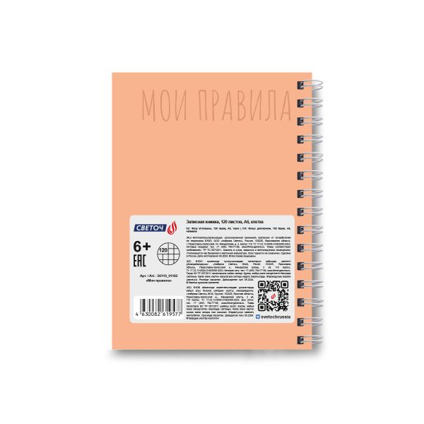 Записная книжка на гребне A6 120 л., 4 шт, клетка, Мои правила 01182, Светоч ЗК110