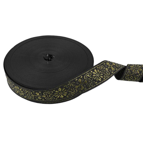 Лента (тесьма) жаккардовая 23.0-25.0 мм / 25 метров, черный/под золото, Blitz