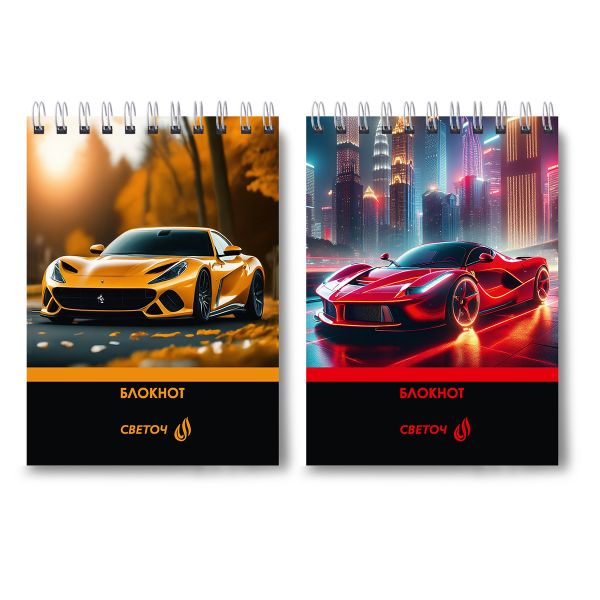 Блокнот на гребне, выборочный лак, A6 60 л., 4 шт, клетка, Крутые тачки 01217, Светоч Б123
