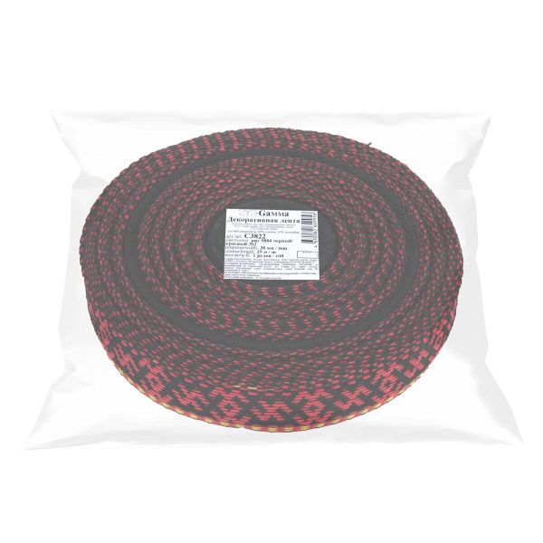 Лента (тесьма) жаккардовая 38.0 мм / 25±1 метров, для пояса, рис 9884 черный/красный №2, Gamma С3822