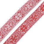 Лента (тесьма) жаккардовая 36.0 мм / 25±1 метров, Славянский орнамент Оберег, рис.9463 (белый/красный) С3806Г17