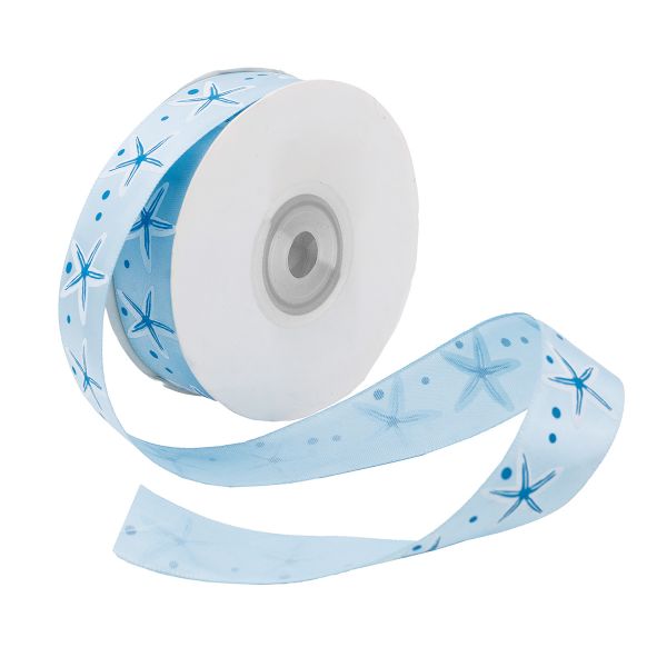 Лента атласная с рисунком 25.0 мм / 22.5±1 метров, Морская звезда, голубой, Globus