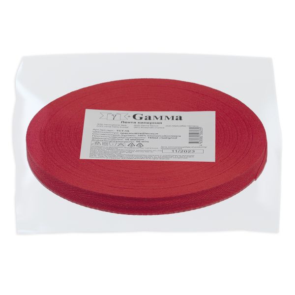 Тесьма (лента) киперная (100 х/б) 15 мм / 50 метров, красный/red, Gamma TCT-15