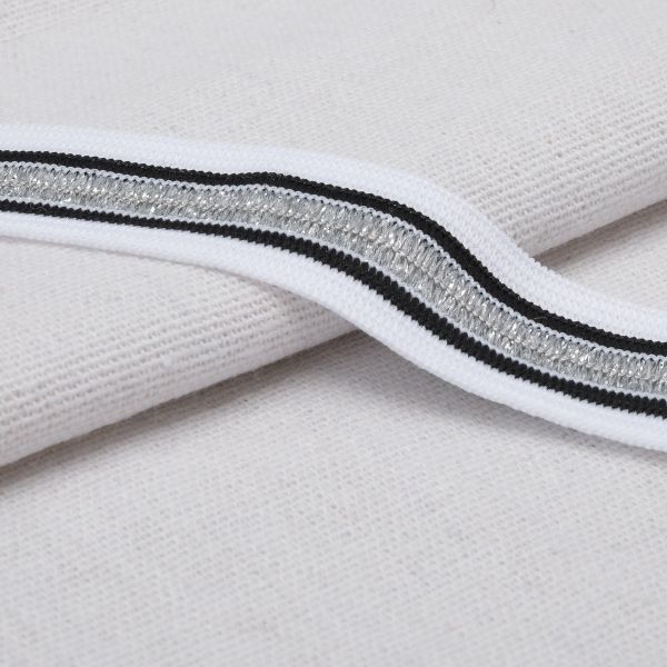 Тесьма лампасная эластичная 20.0 мм / 25 метров, белый/серебро