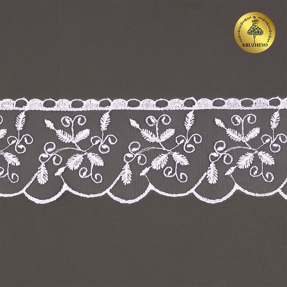 Кружево на сетке 65 мм, цв.01 белый, уп.13.7м, Kruzhevo