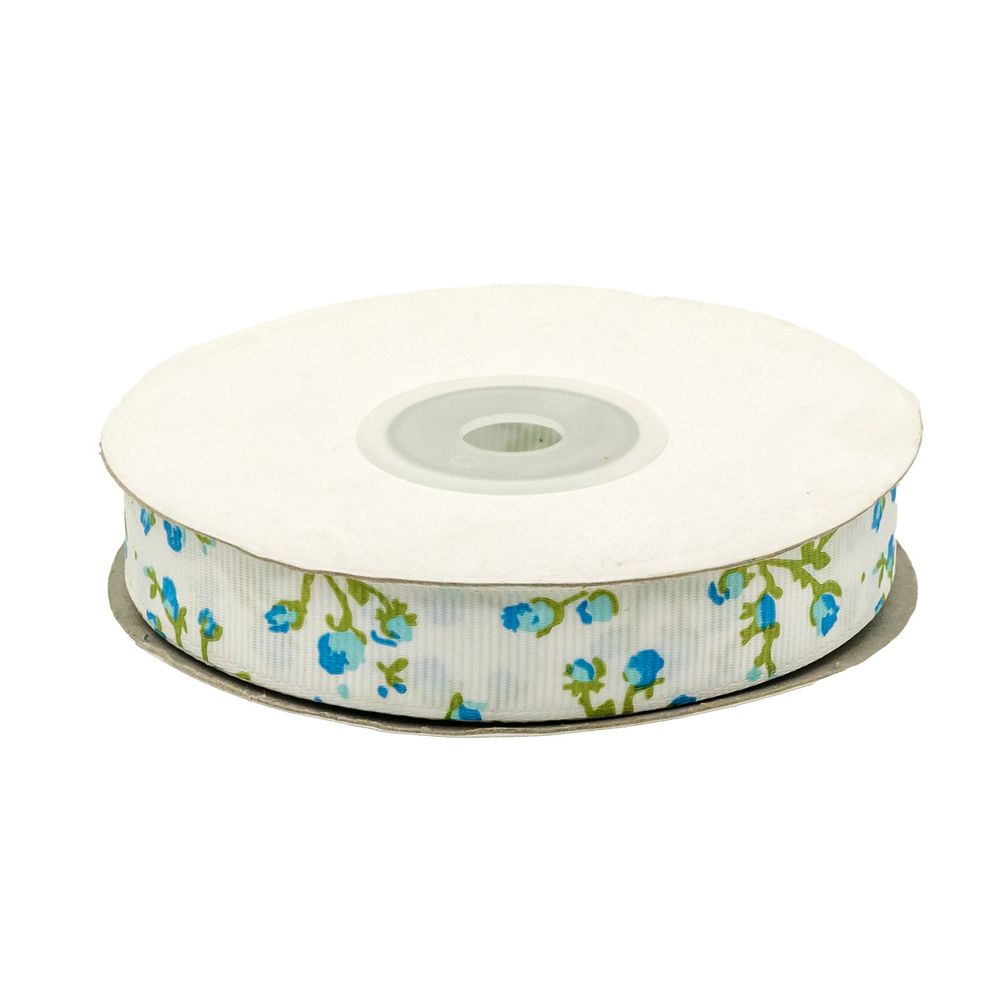 Лента репсовая (в рубчик) Розочки 1,5см*22.86 м (голубой)