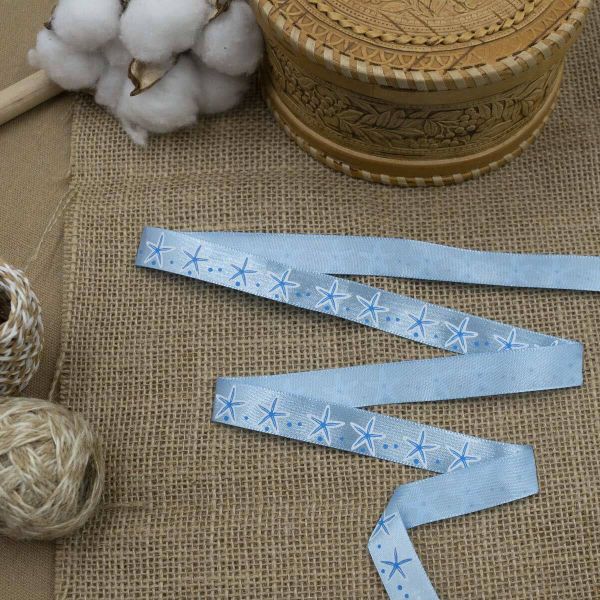 Лента атласная с рисунком 15.0 мм / 3 метра, Морская звезда (голубой), Globus