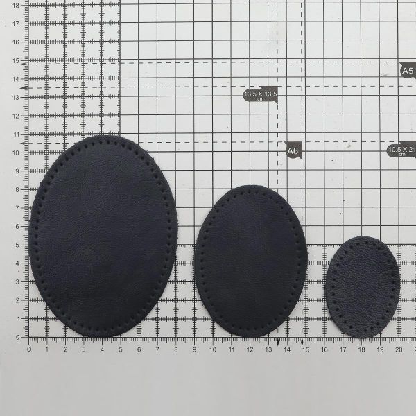 Набор заплаток пришивных из кожи, овал 4х5,5см, 6х8,2см, 8х10,9см, с перфорацией, 3 шт (05 темно-синий), 9404